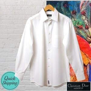Christian Dior Mens 17x34 White Designer Dress Shirt Concealed Hidden Button